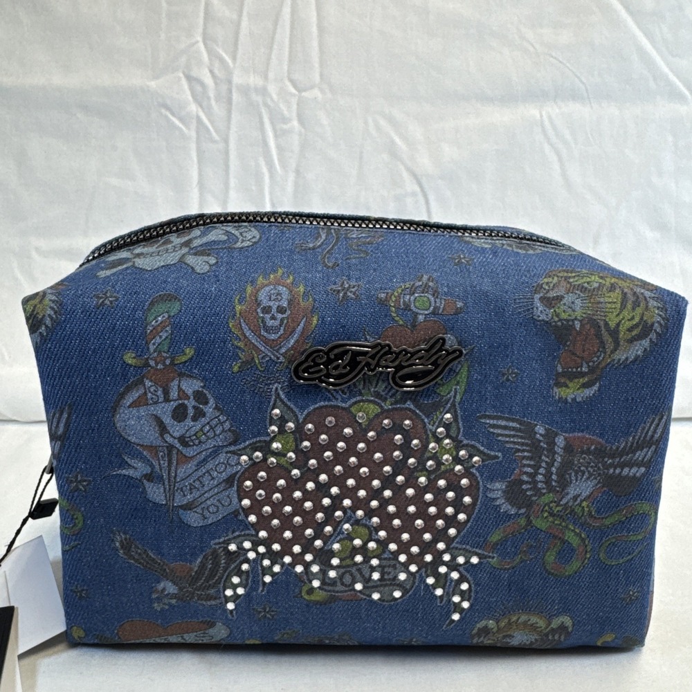 Ed Hardy Medium Cosmetic Bag Denim Tattoo Print Rhinestone Logo Front